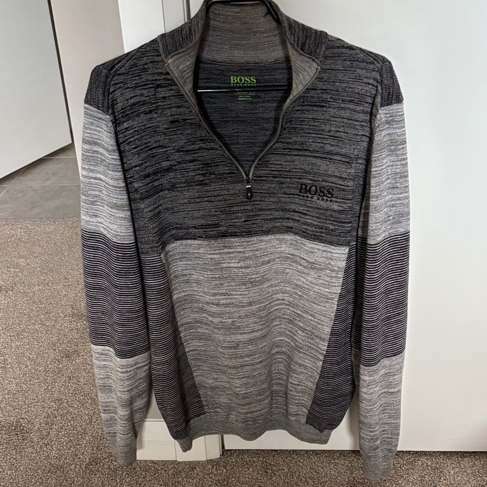 HUGO BOSS Men’s Marled Gray and Charcoal Zip-Neck Sweater